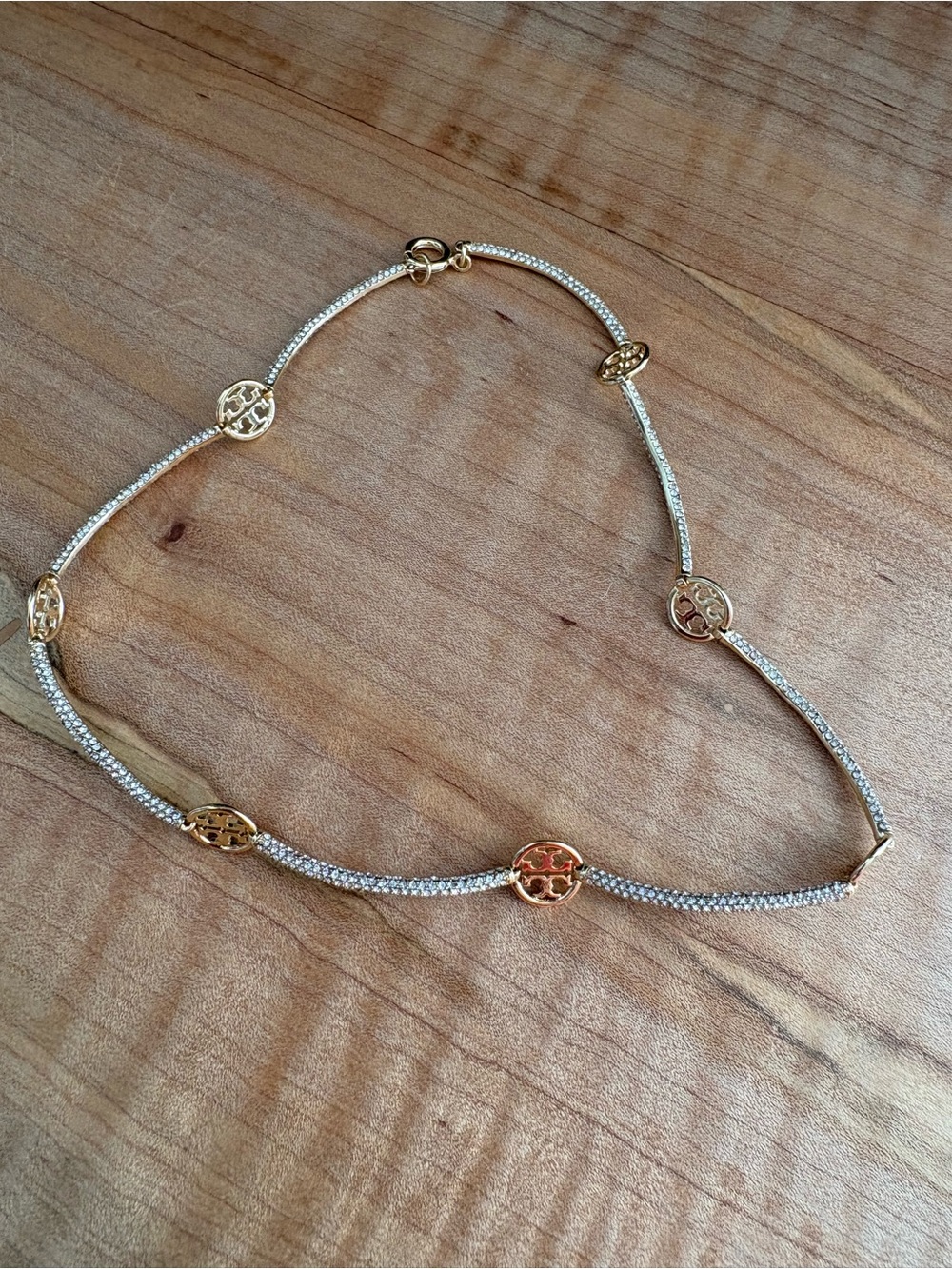 Tory Burch Gold and Silver-Toned  Choker Necklace w/Logo Stations and Pave CZs